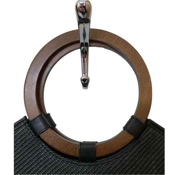 Zalo Vintage Spain Amazing Black Woven Bag with Brown Wooden Circle Handle EUC - Picture 2 of 9